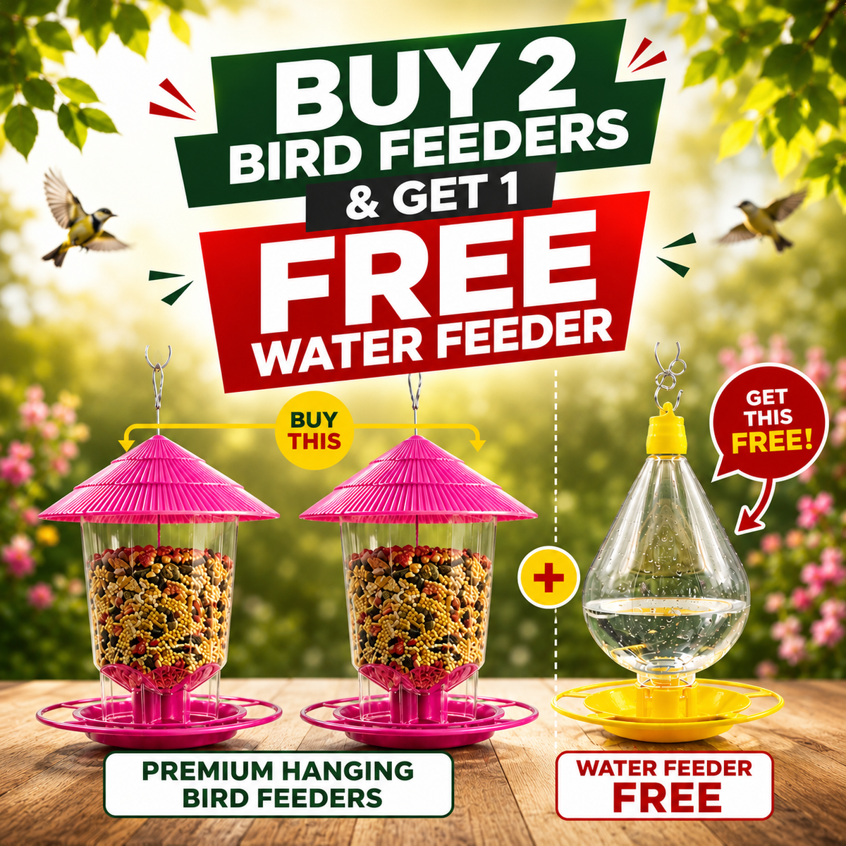 Buy 2 Bird Feeders & Get 1 FREE Water Feeder